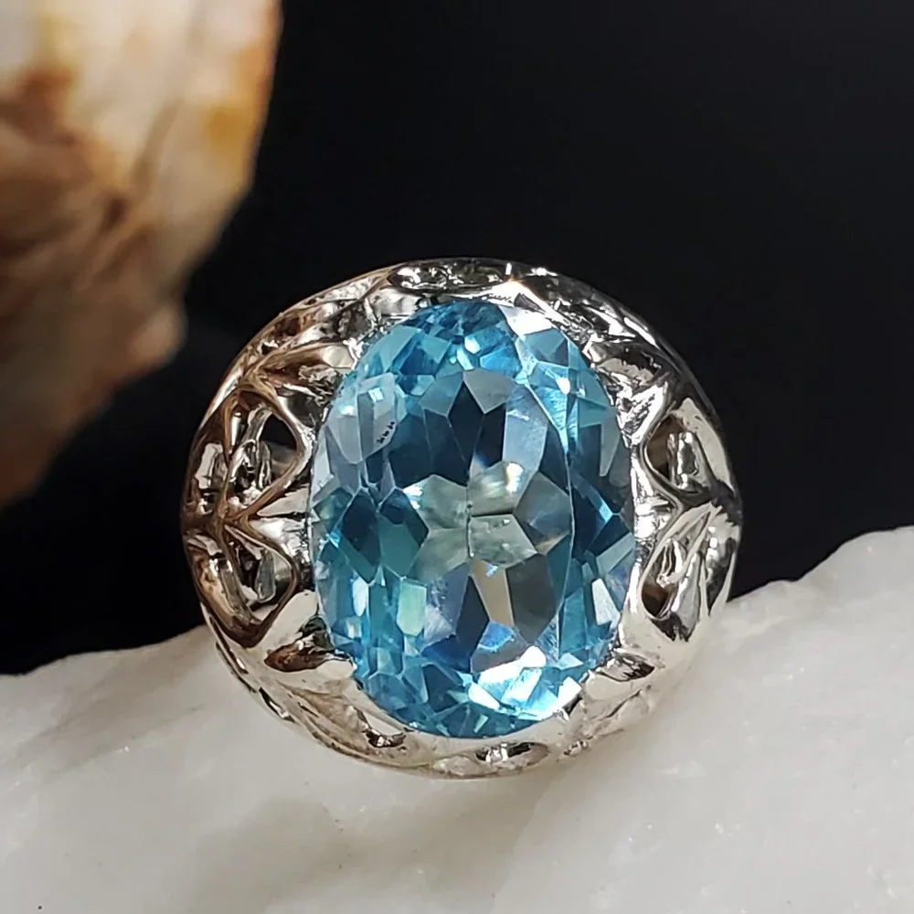 Big Silver Ring 925 Sterling Large Genuine Blue Topaz Gemstone Gift for Lady